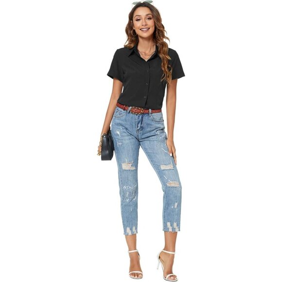 Women's Short Sleeve Button Down Shirt Polyester Spandex Office Casual - Picture 6 of 7